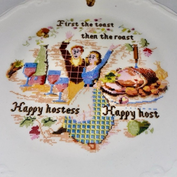 Cross Stitch Sampler Pattern Happy Hostess Plate Ironstone England Farmhouse - Picture 3 of 8
